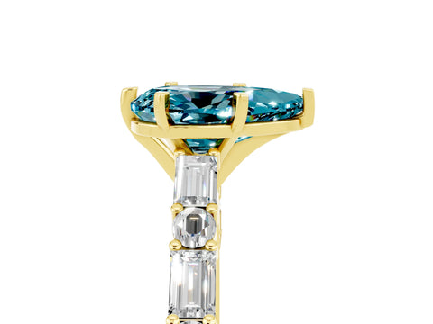Yellow gold Pear Cut Blue Topaz Solitaire with Side Baguettes and Channel Set Band_5
