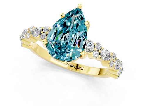 Yellow gold Pear Cut Blue Topaz Solitaire with Side Stones, Pave Band, Four-Prong Setting_49