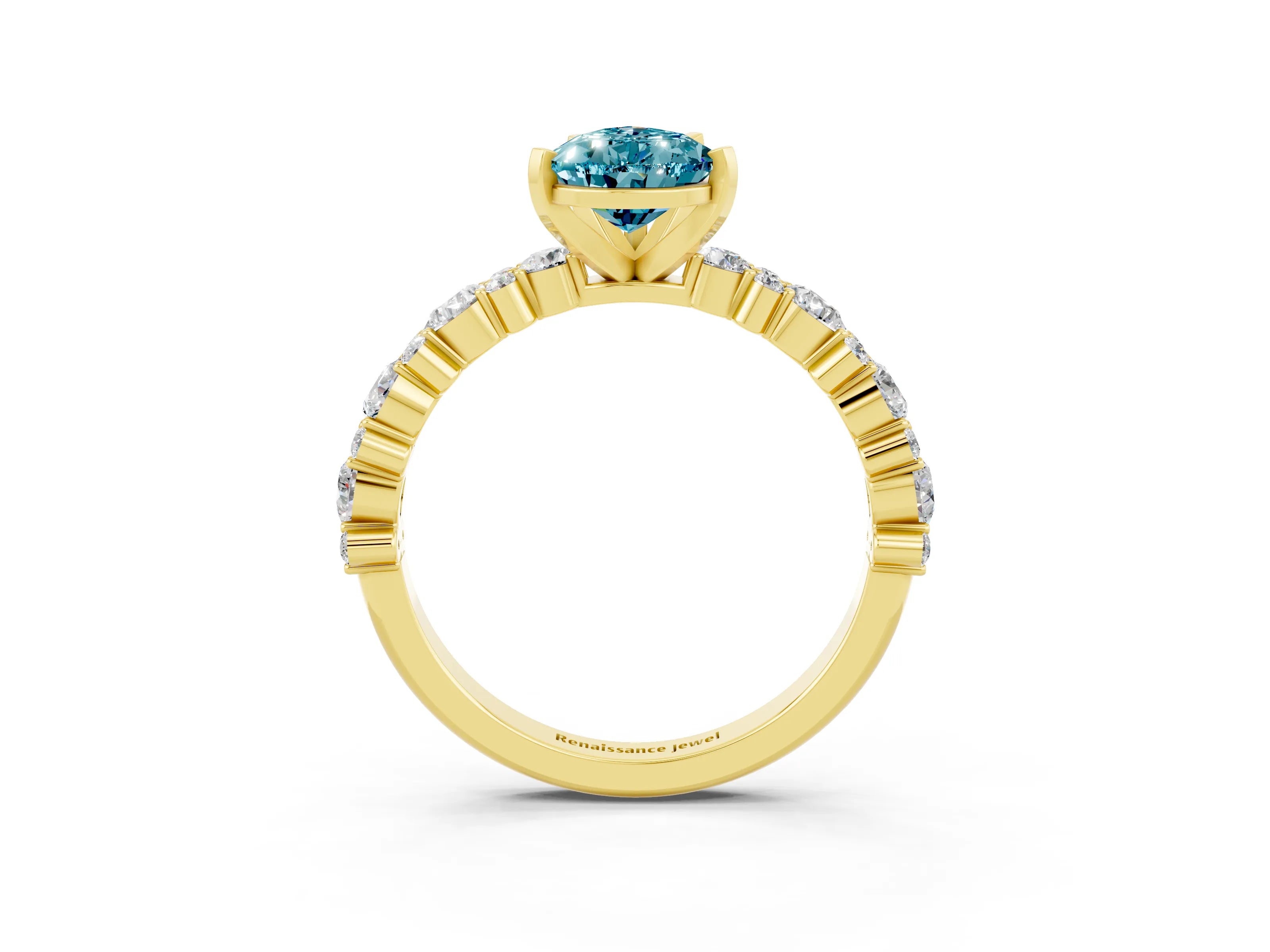 Yellow gold Pear Cut Blue Topaz Solitaire with Side Stones, Pave Band, Four-Prong Setting_51