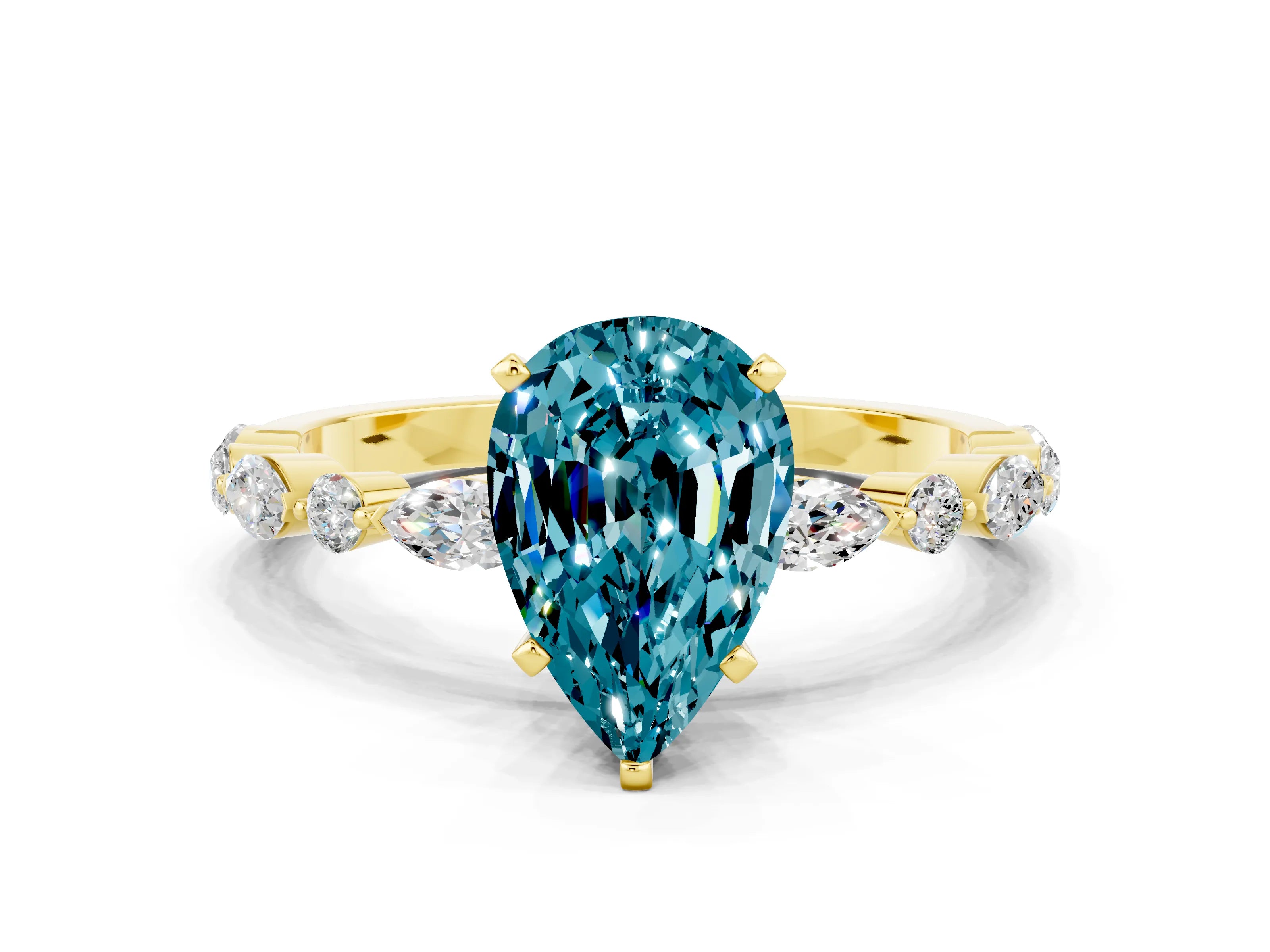 Yellow gold Pear Cut Blue Topaz Solitaire with Side Stones on a Pavé Band and Four-Prong Setting