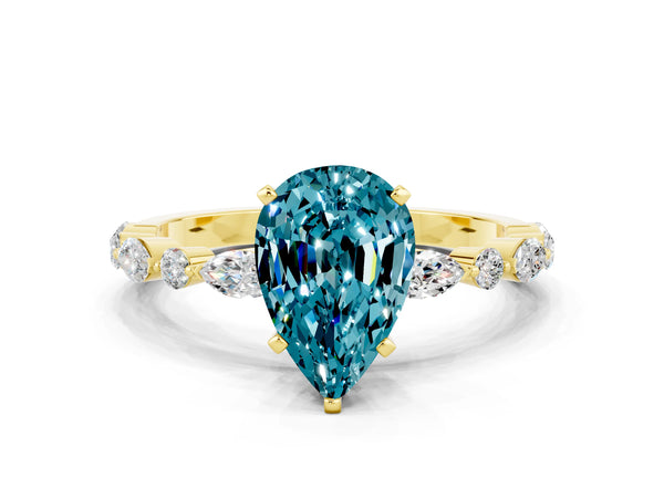 Yellow gold Pear Cut Blue Topaz Ring with Marquise and Round  Side Stones and Four-Prong Setting