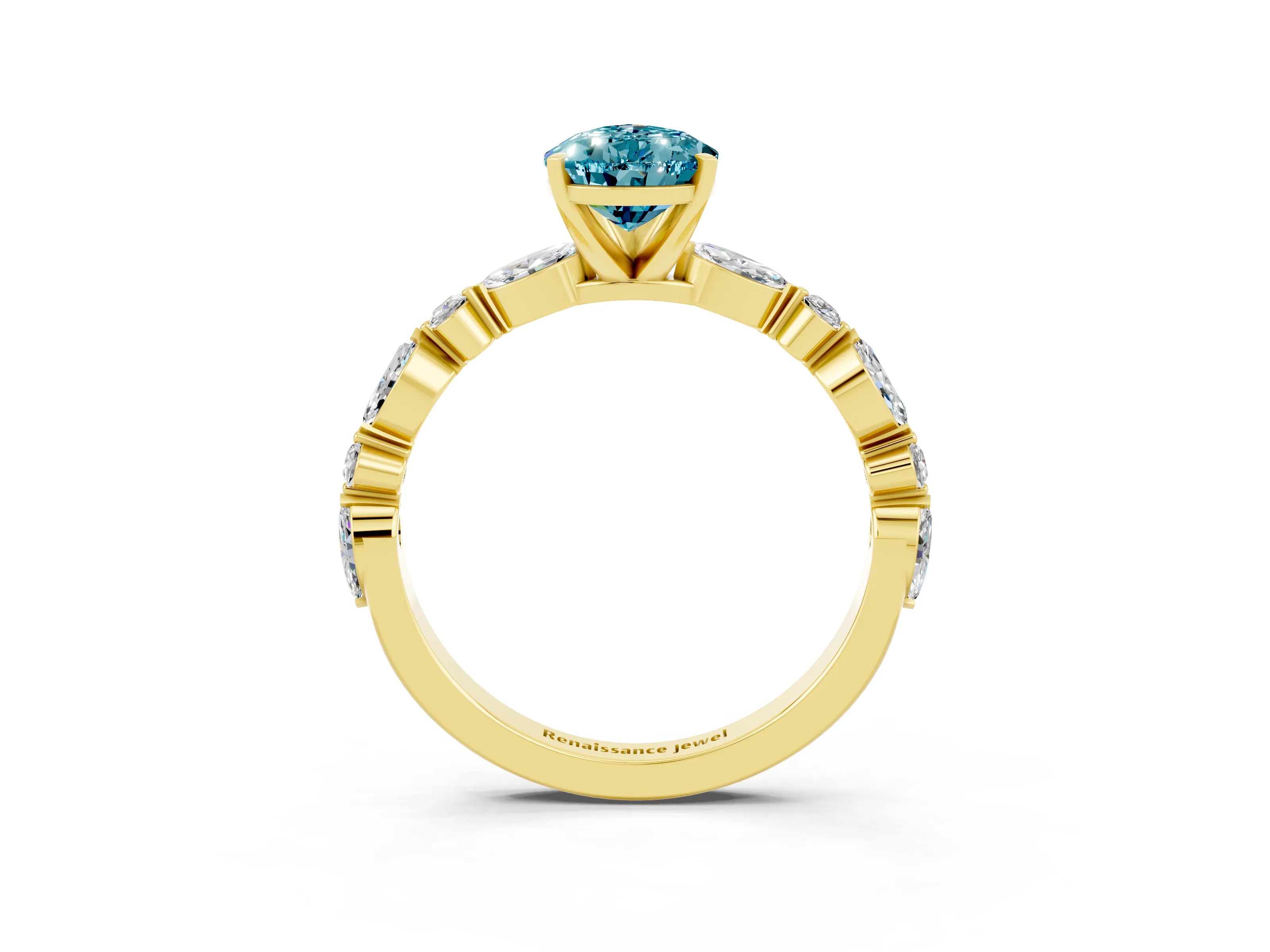 Yellow gold Pear Cut Blue Topaz Solitaire with Side Stones on a Pavé Band and Four-Prong Setting_3