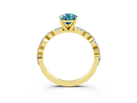 Yellow gold Pear Cut Blue Topaz Solitaire with Side Stones on a Pavé Band and Four-Prong Setting_3