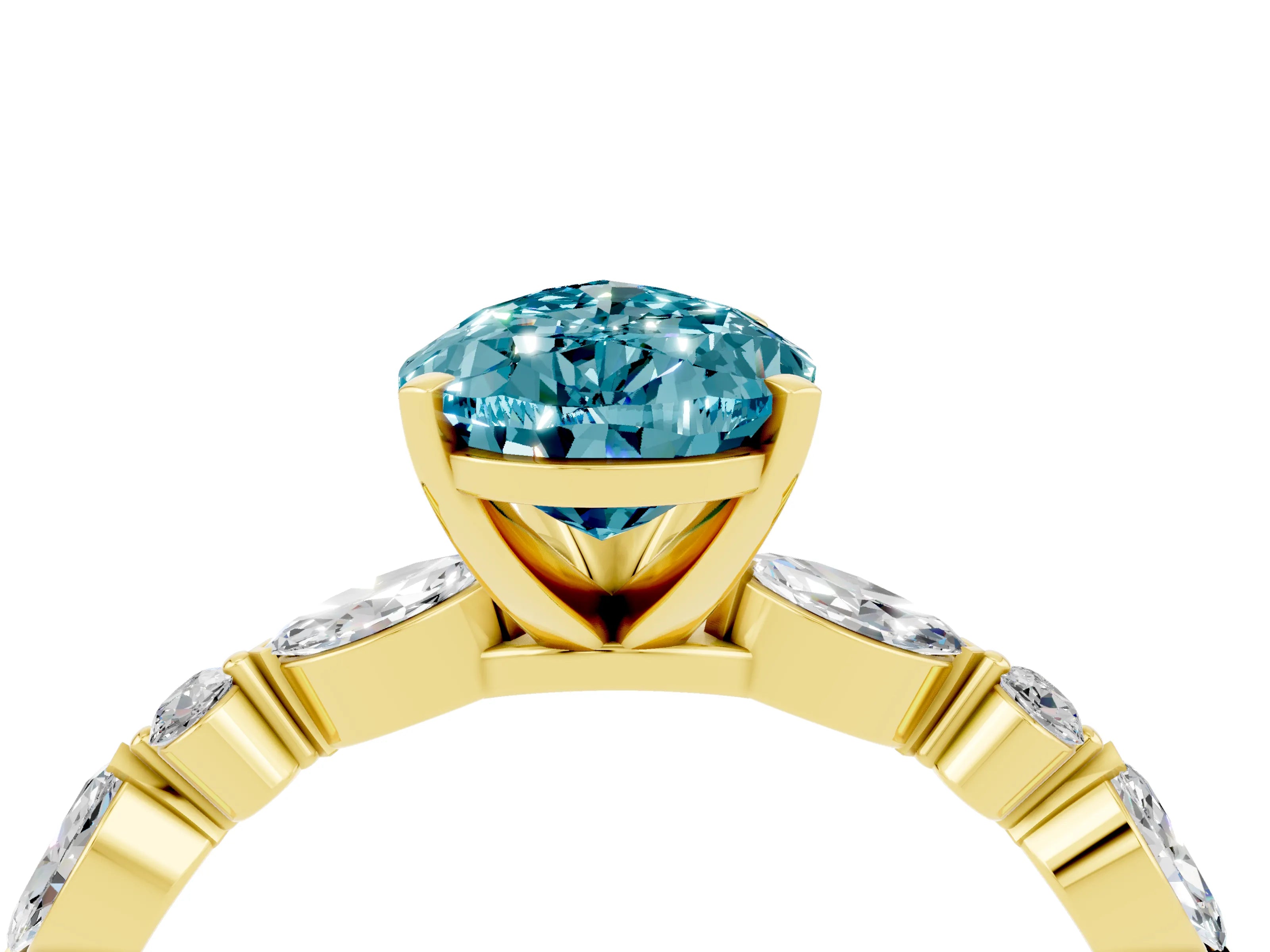 Yellow gold Pear Cut Blue Topaz Solitaire with Side Stones on a Pavé Band and Four-Prong Setting_4