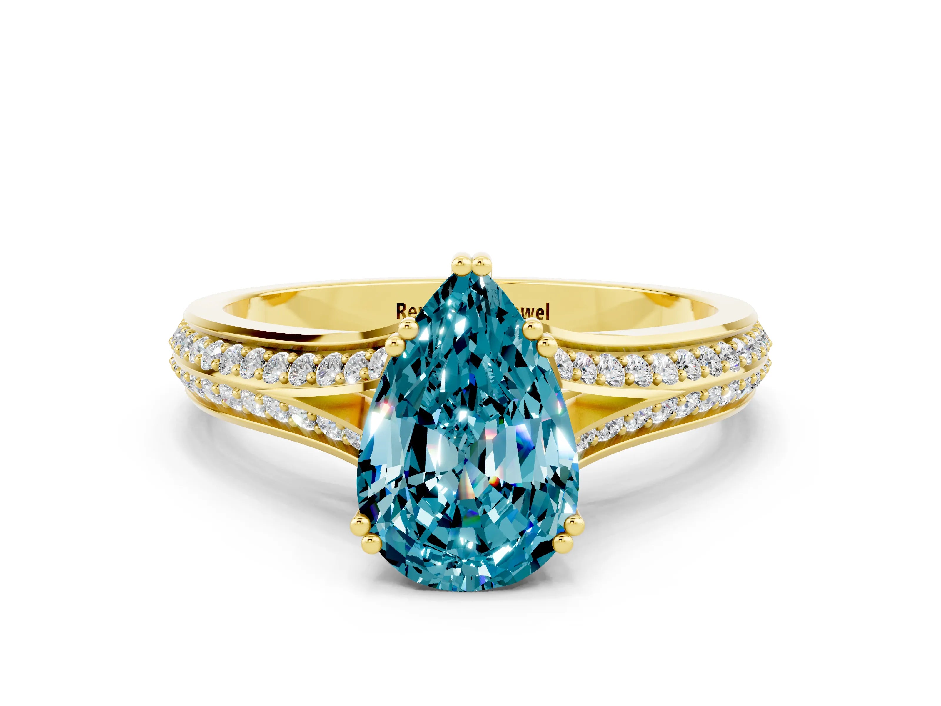 Yellow gold Pear Cut Blue Topaz Split Shank Engagement Ring with Pavé Band