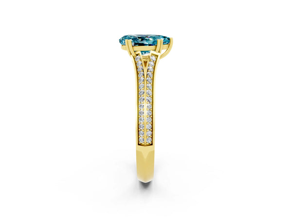 Yellow gold Pear Cut Blue Topaz Split Shank Engagement Ring with Pavé Band