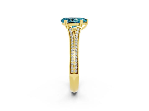 Yellow gold Pear Cut Blue Topaz Split Shank Engagement Ring with Pavé Band_2
