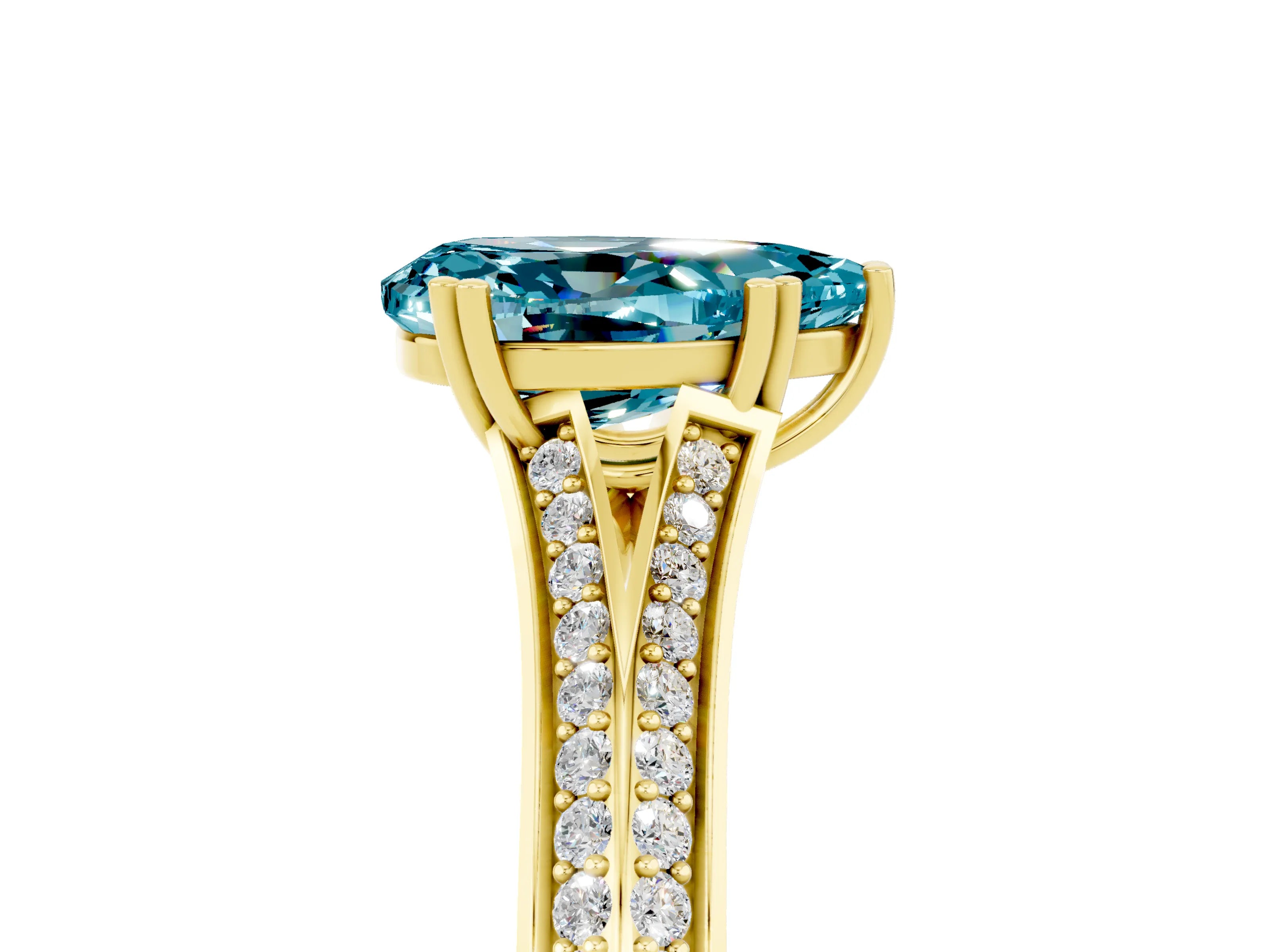 Yellow gold Pear Cut Blue Topaz Split Shank Engagement Ring with Pavé Band_5