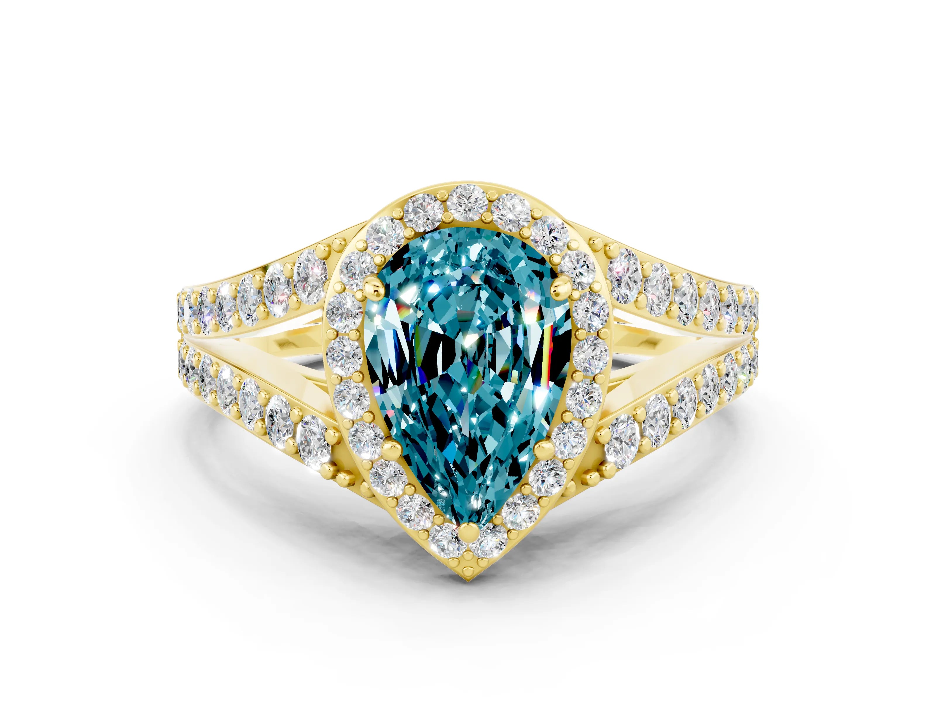 Yellow gold Pear Cut Blue Topaz Split Shank Halo Ring with Four-Prong Setting_12