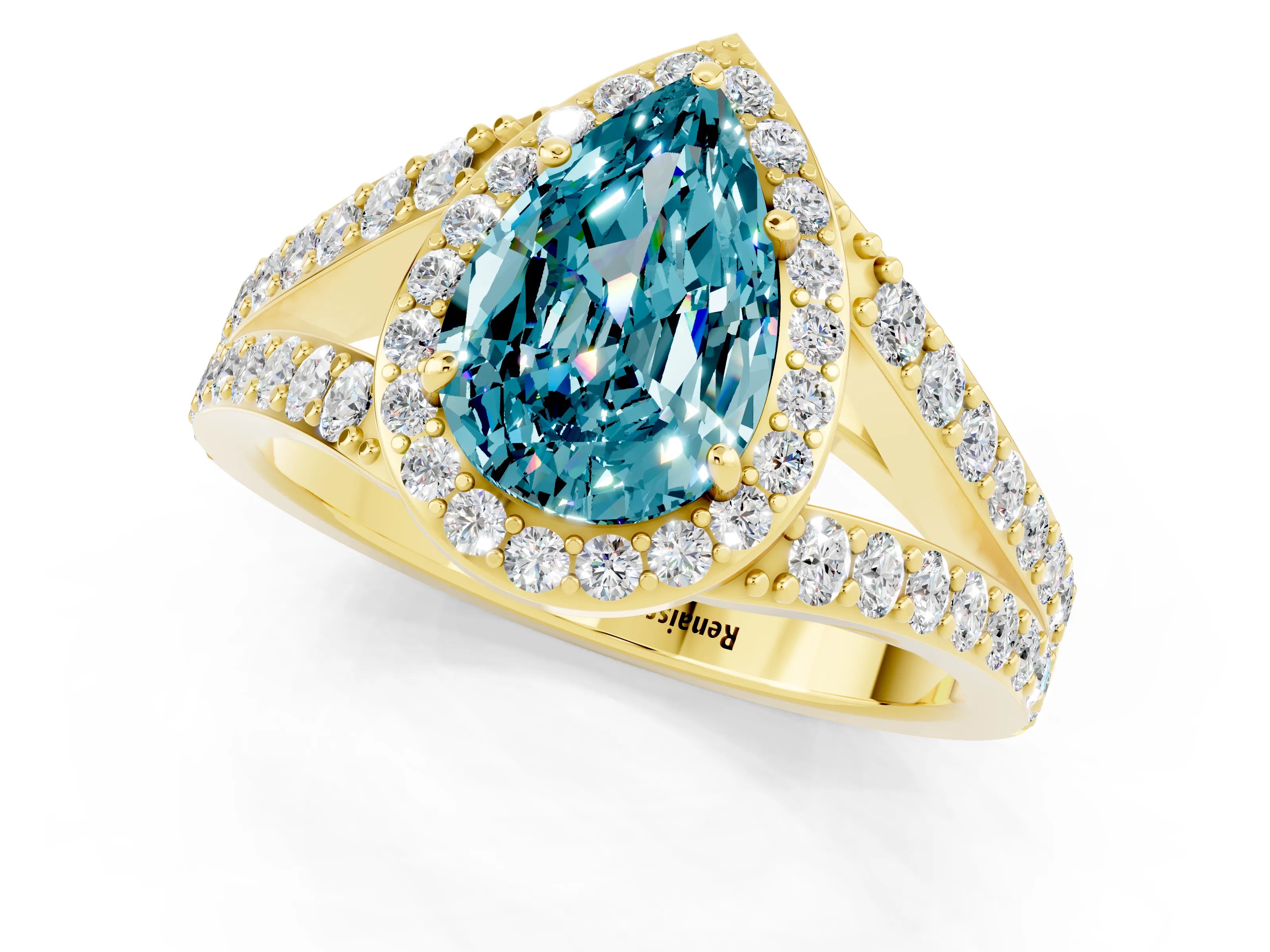 Yellow gold Pear Cut Blue Topaz Split Shank Halo Ring with Four-Prong Setting_13