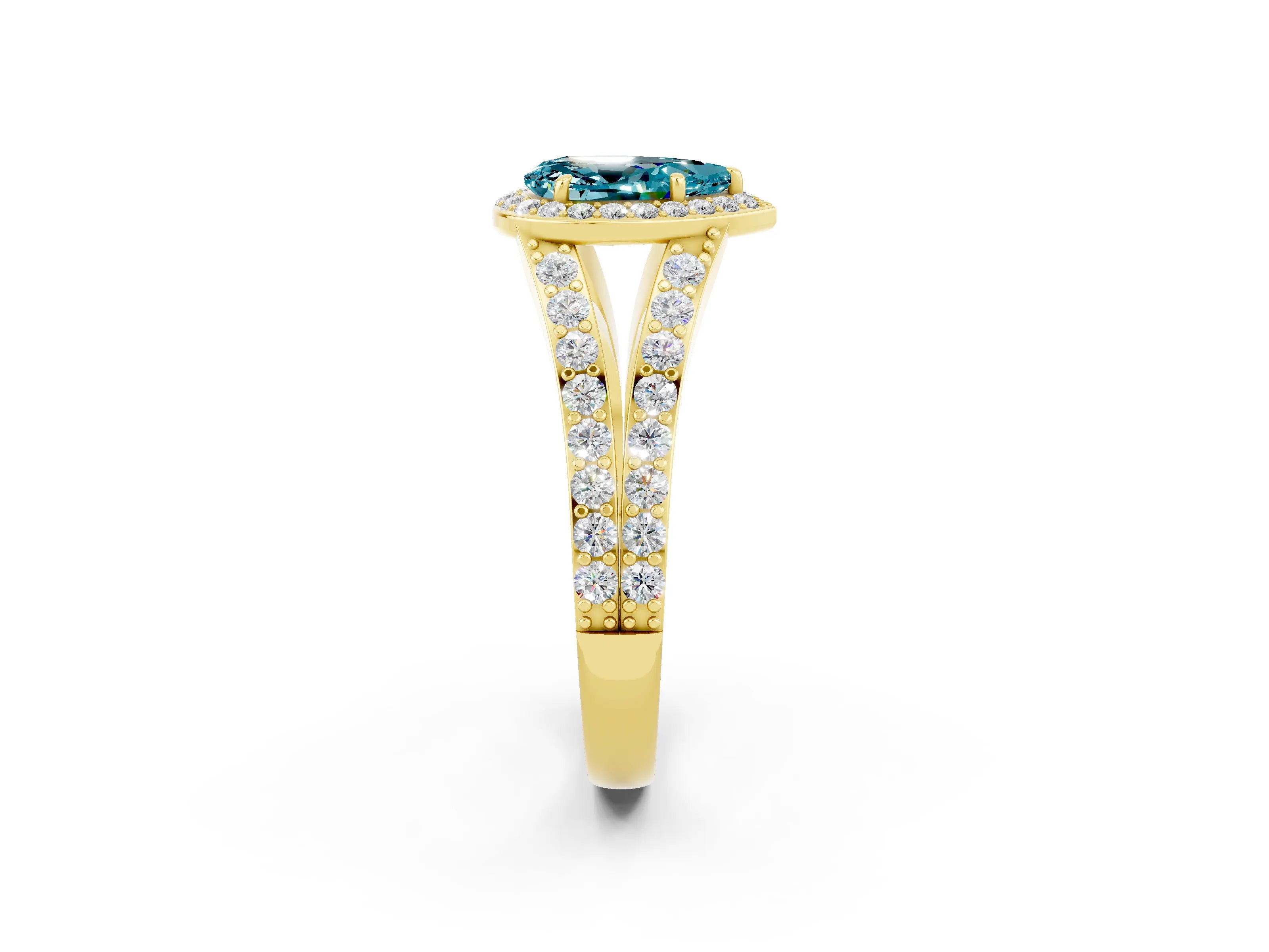 Yellow gold Pear Cut Blue Topaz Split Shank Halo Ring with Four-Prong Setting_14