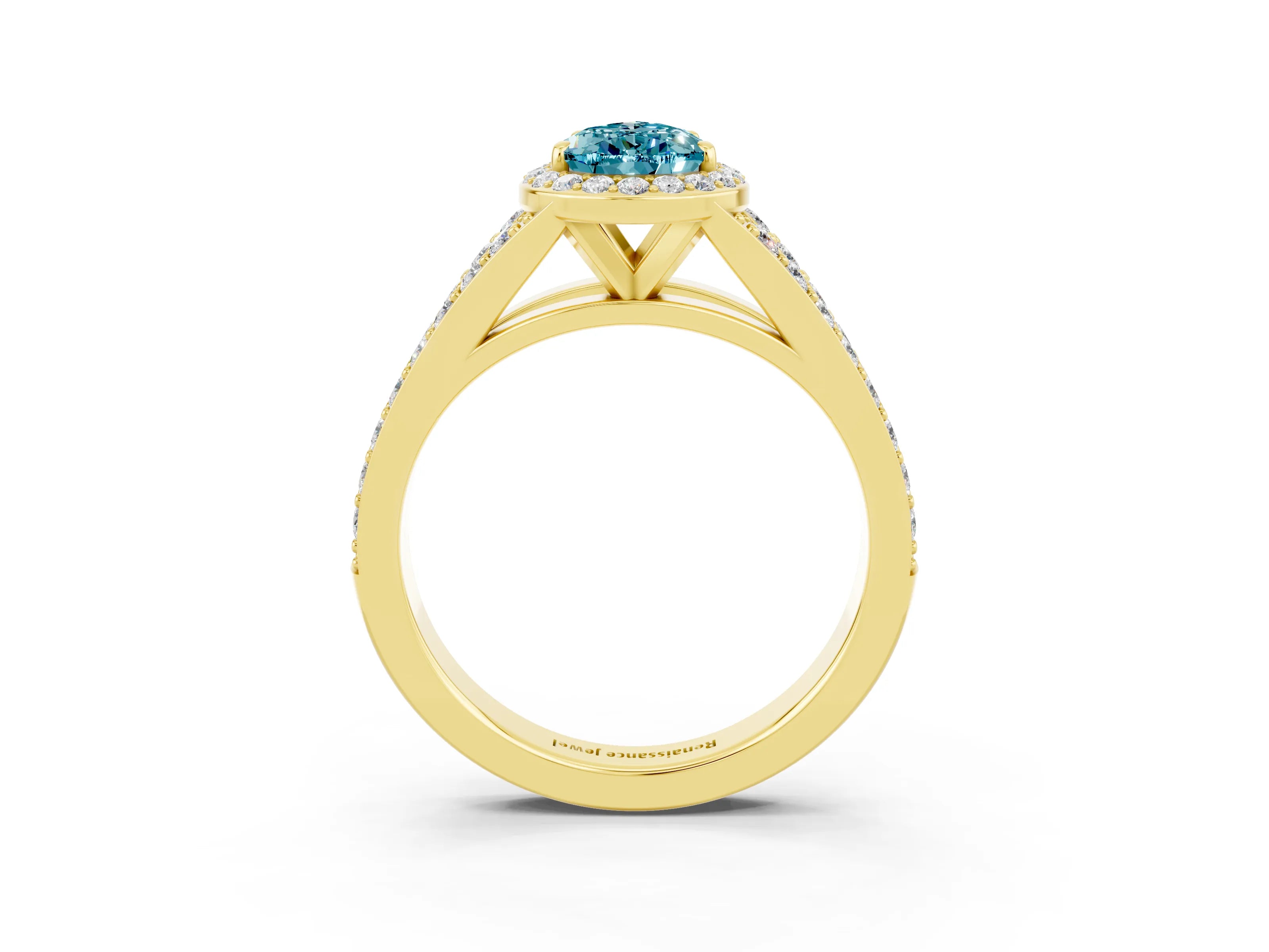 Yellow gold Pear Cut Blue Topaz Split Shank Halo Ring with Four-Prong Setting_15