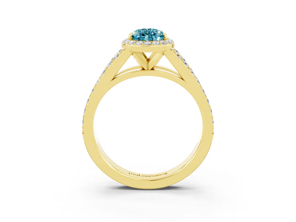 Yellow gold Pear Cut Blue Topaz Split Shank Halo Ring with Four-Prong Setting