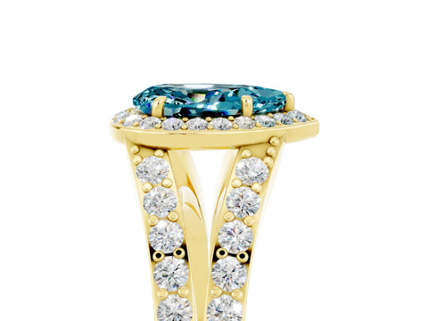 Yellow gold Pear Cut Blue Topaz Split Shank Halo Ring with Four-Prong Setting_17