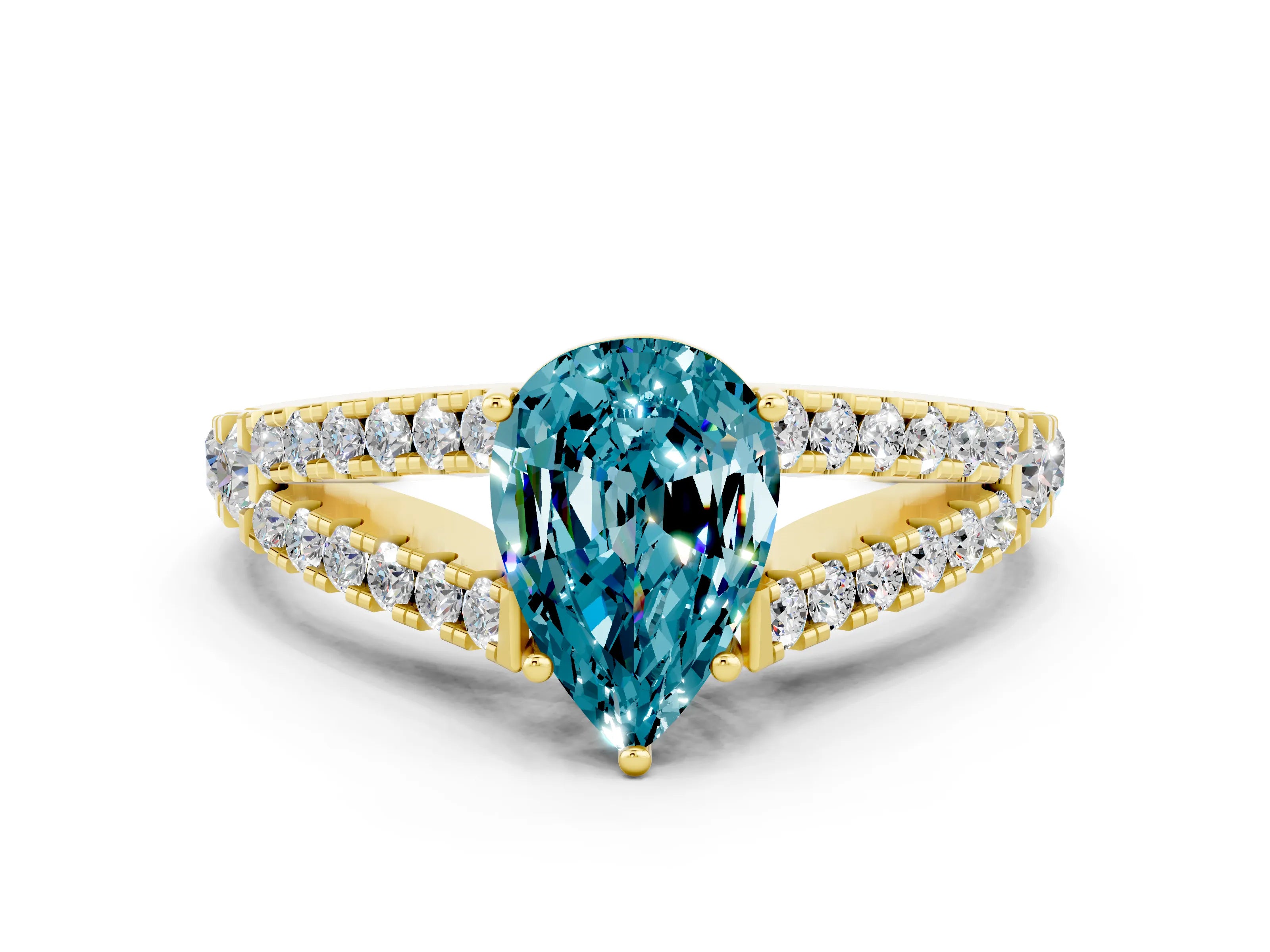 Yellow gold Pear Cut Blue Topaz Split Shank Pavé Engagement Ring with Four-Prong Setting_12