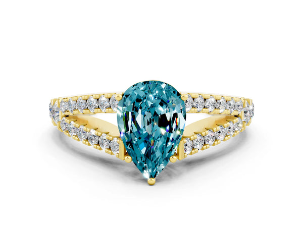 Yellow gold Pear Cut Blue Topaz Split Shank Pavé Engagement Ring with Four-Prong Setting
