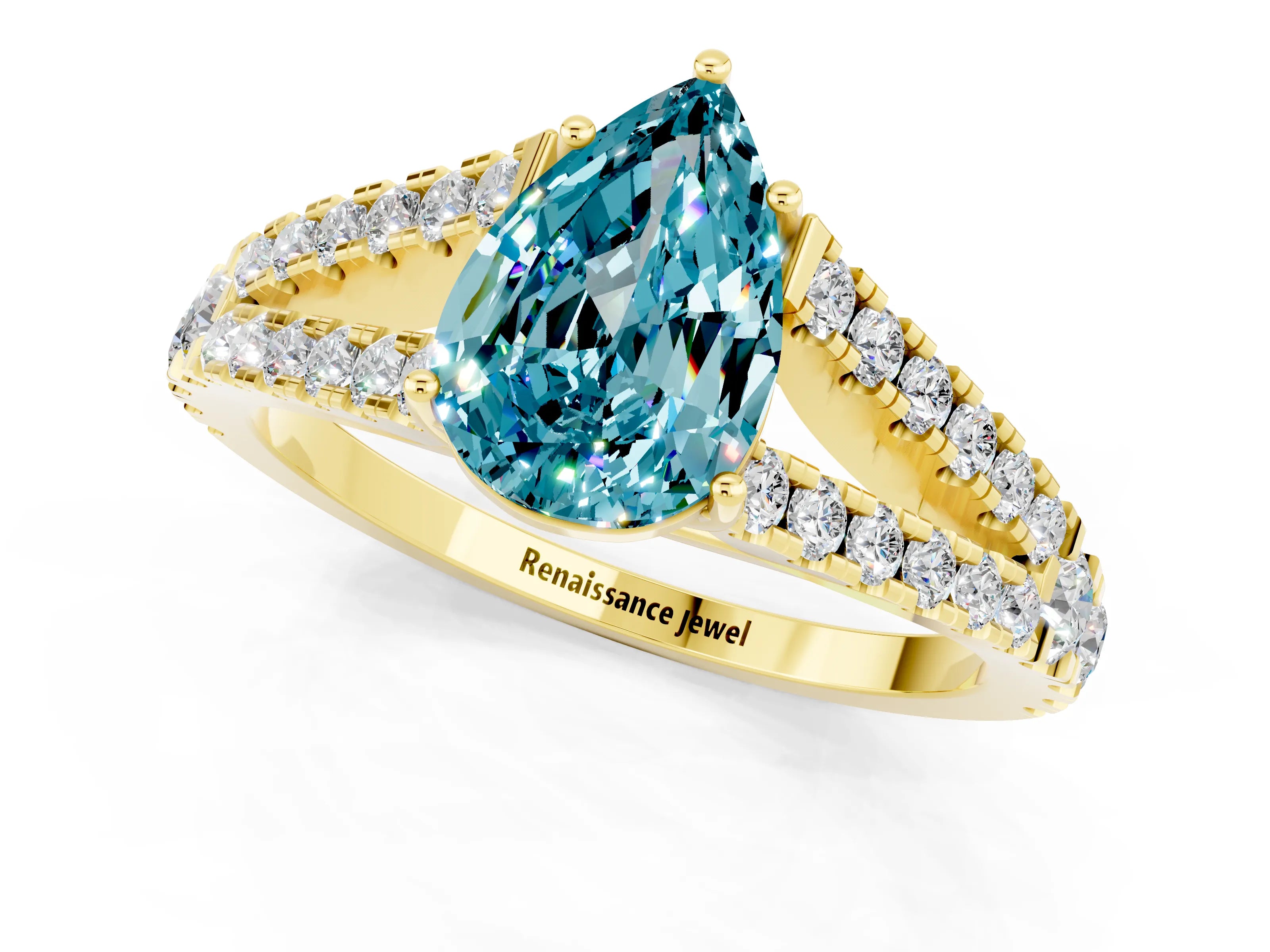 Yellow gold Pear Cut Blue Topaz Split Shank Pavé Engagement Ring with Four-Prong Setting_13