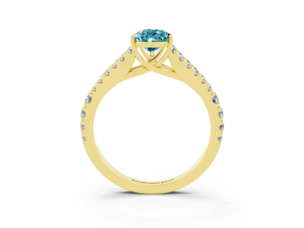 Yellow gold Pear Cut Blue Topaz Split Shank Pavé Engagement Ring with Four-Prong Setting
