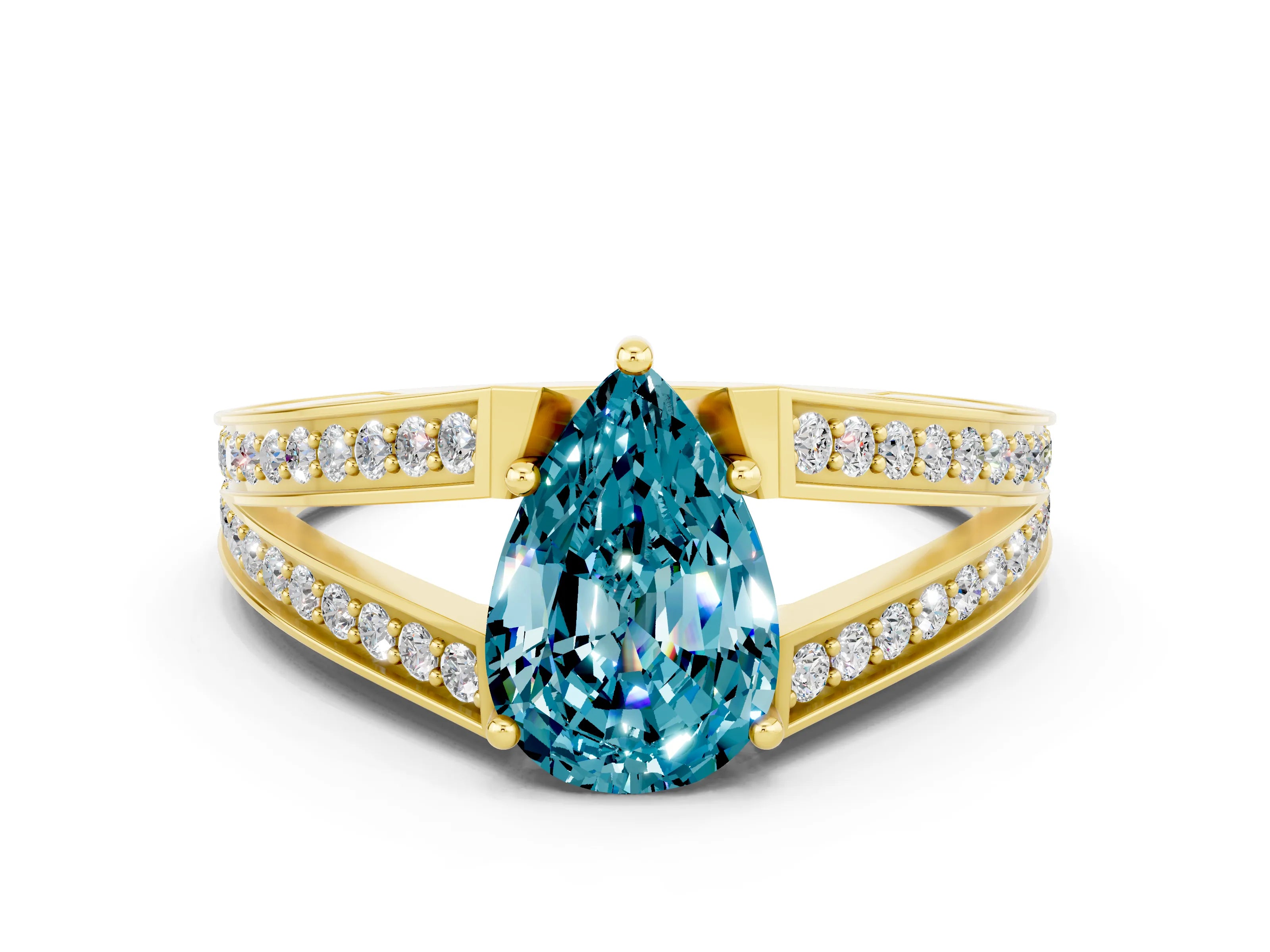 Yellow gold Pear Cut Blue Topaz Split Shank Ring with Pavé Band and Four-Prong Setting