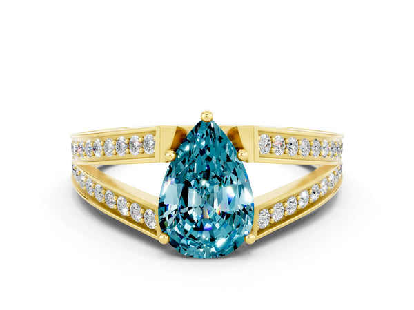 Yellow gold Pear Cut Blue Topaz Split Shank Ring with Pavé Band and Four-Prong Setting
