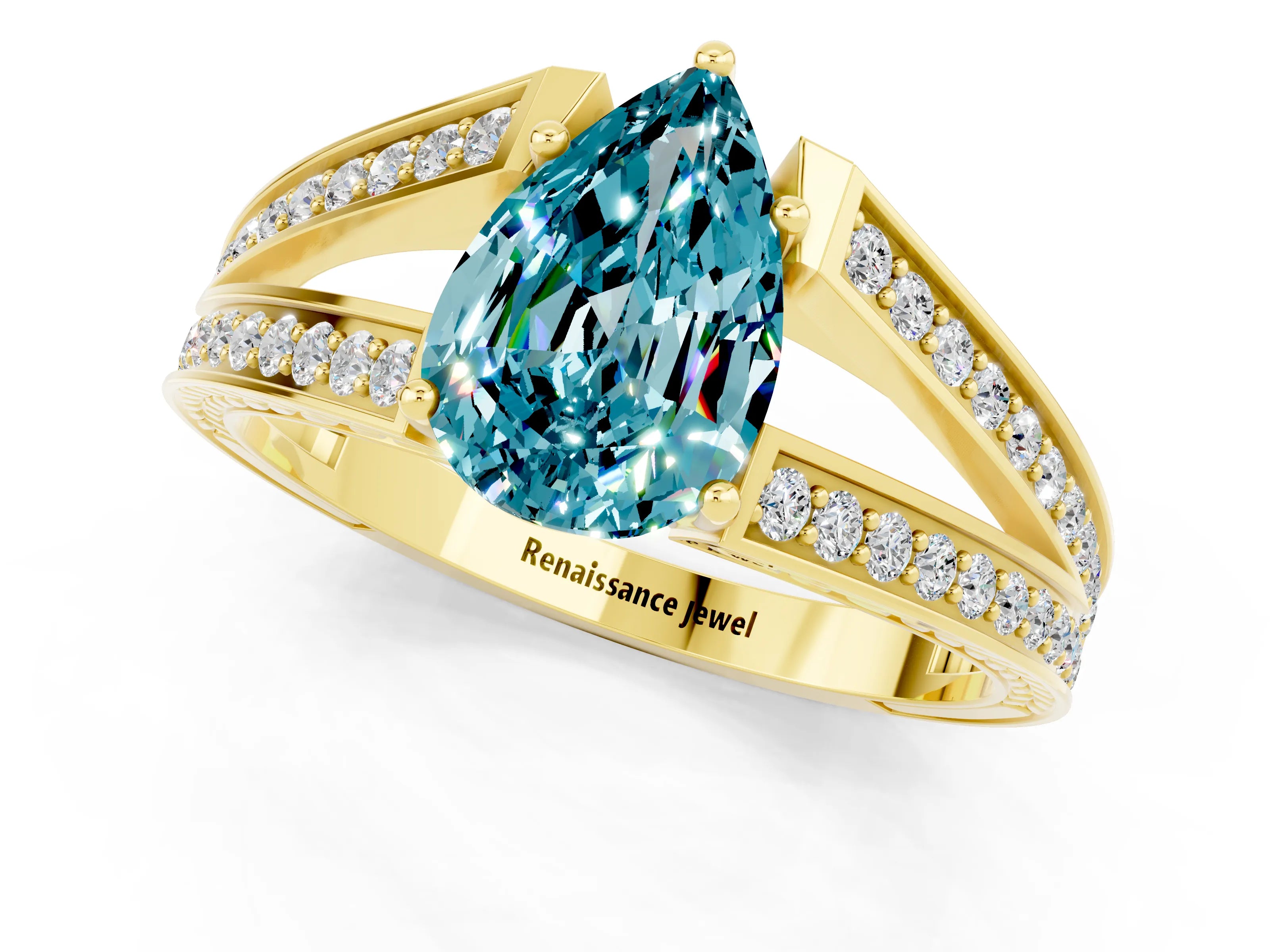Yellow gold Pear Cut Blue Topaz Split Shank Ring with Pavé Band and Four-Prong Setting_1