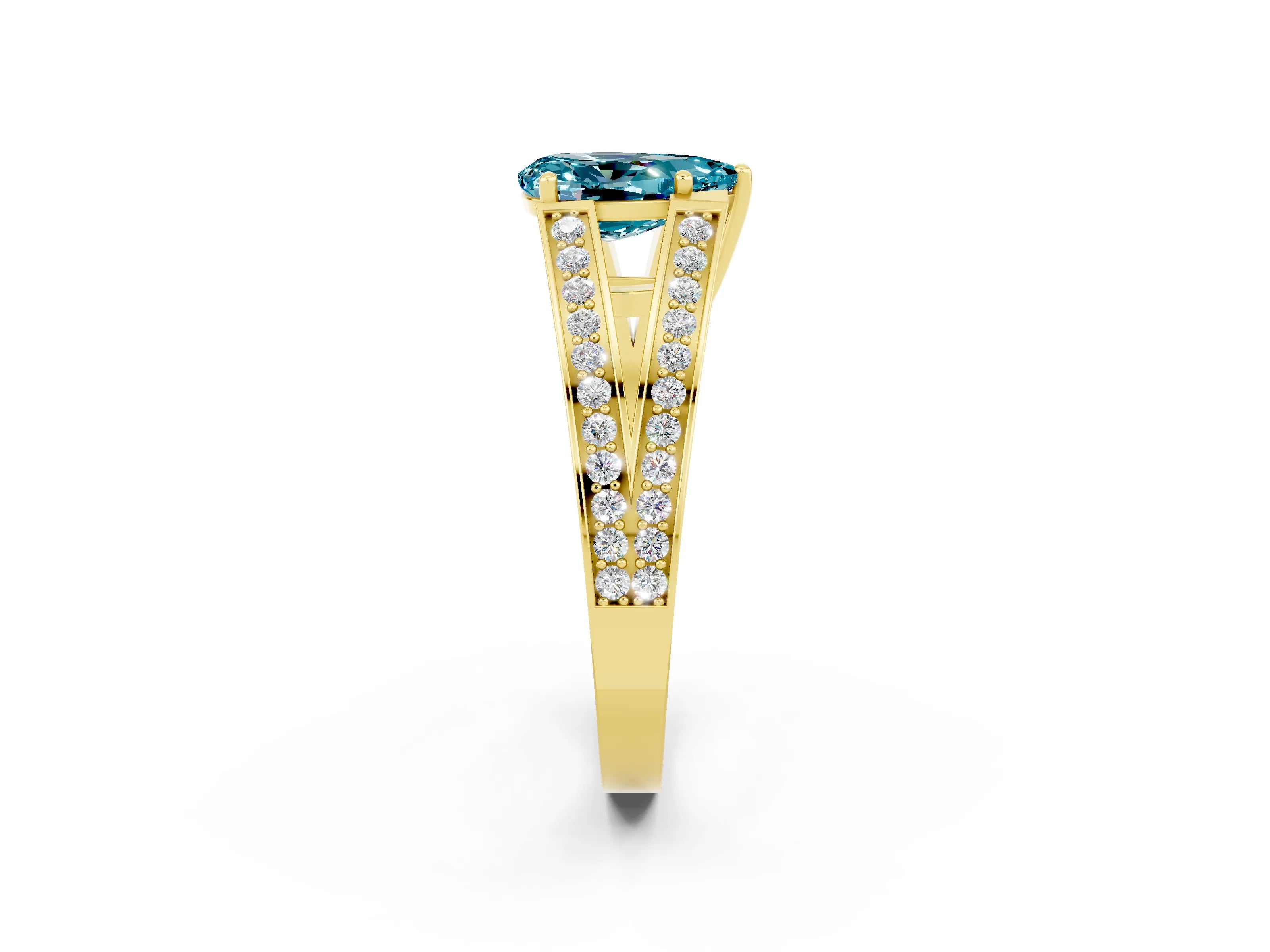 Yellow gold Pear Cut Blue Topaz Split Shank Ring with Pavé Band and Four-Prong Setting_2