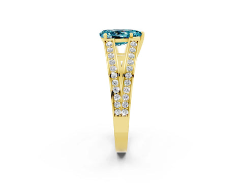 Yellow gold Pear Cut Blue Topaz Split Shank Ring with Pavé Band and Four-Prong Setting_2