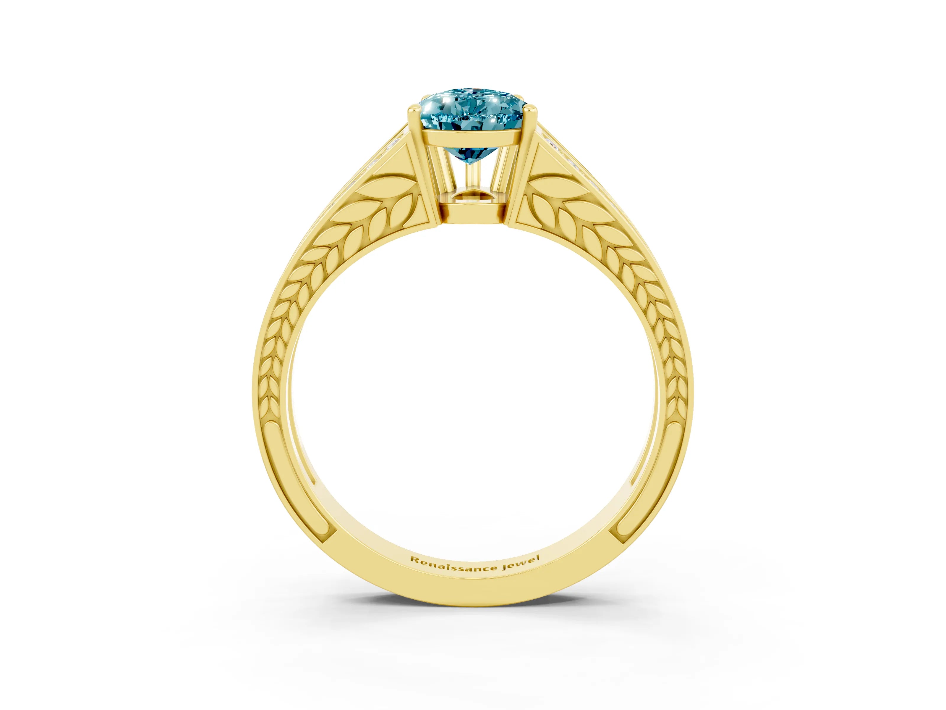 Yellow gold Pear Cut Blue Topaz Split Shank Ring with Pavé Band and Four-Prong Setting_3