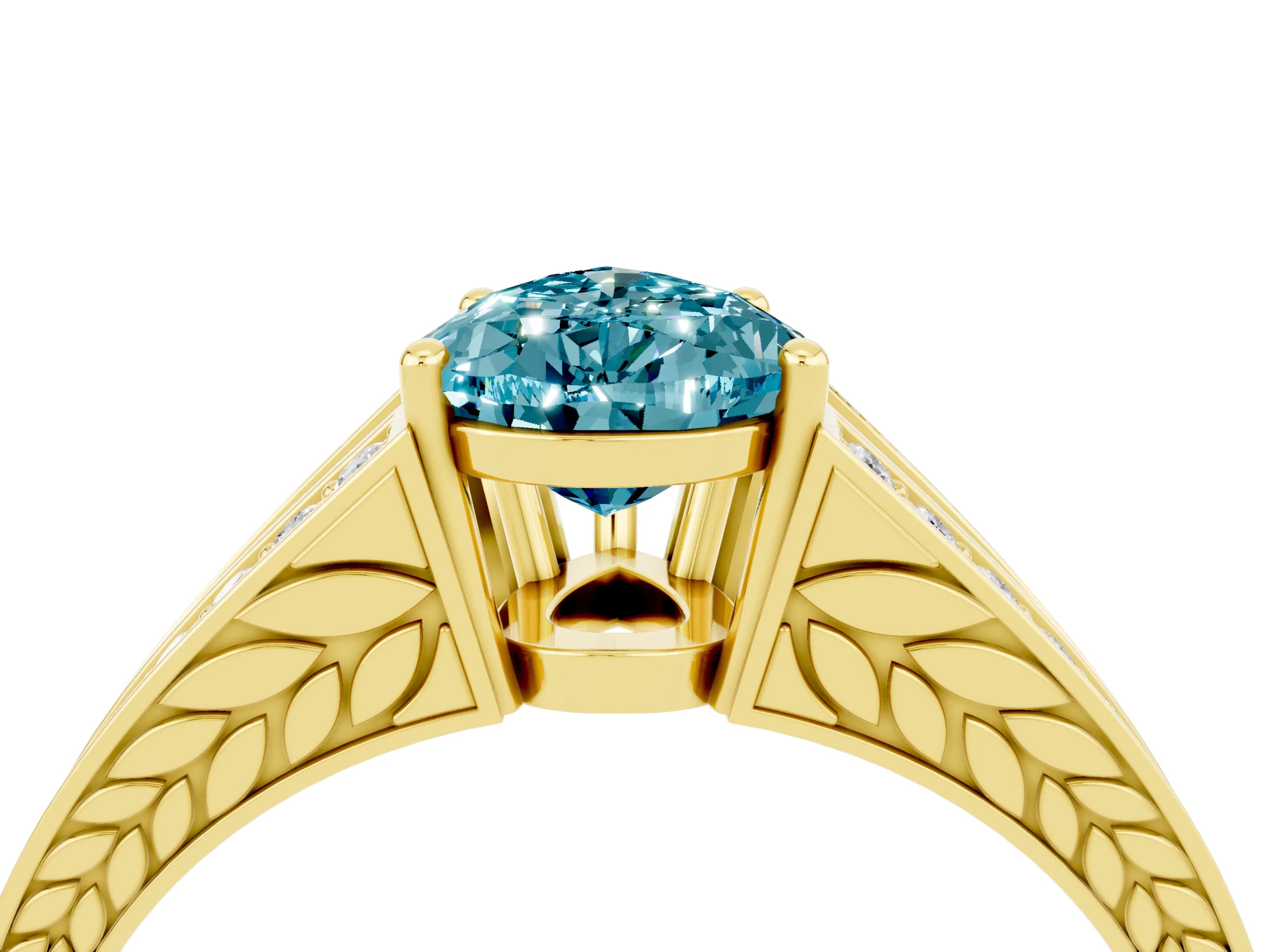 Yellow gold Pear Cut Blue Topaz Split Shank Ring with Pavé Band and Four-Prong Setting_4