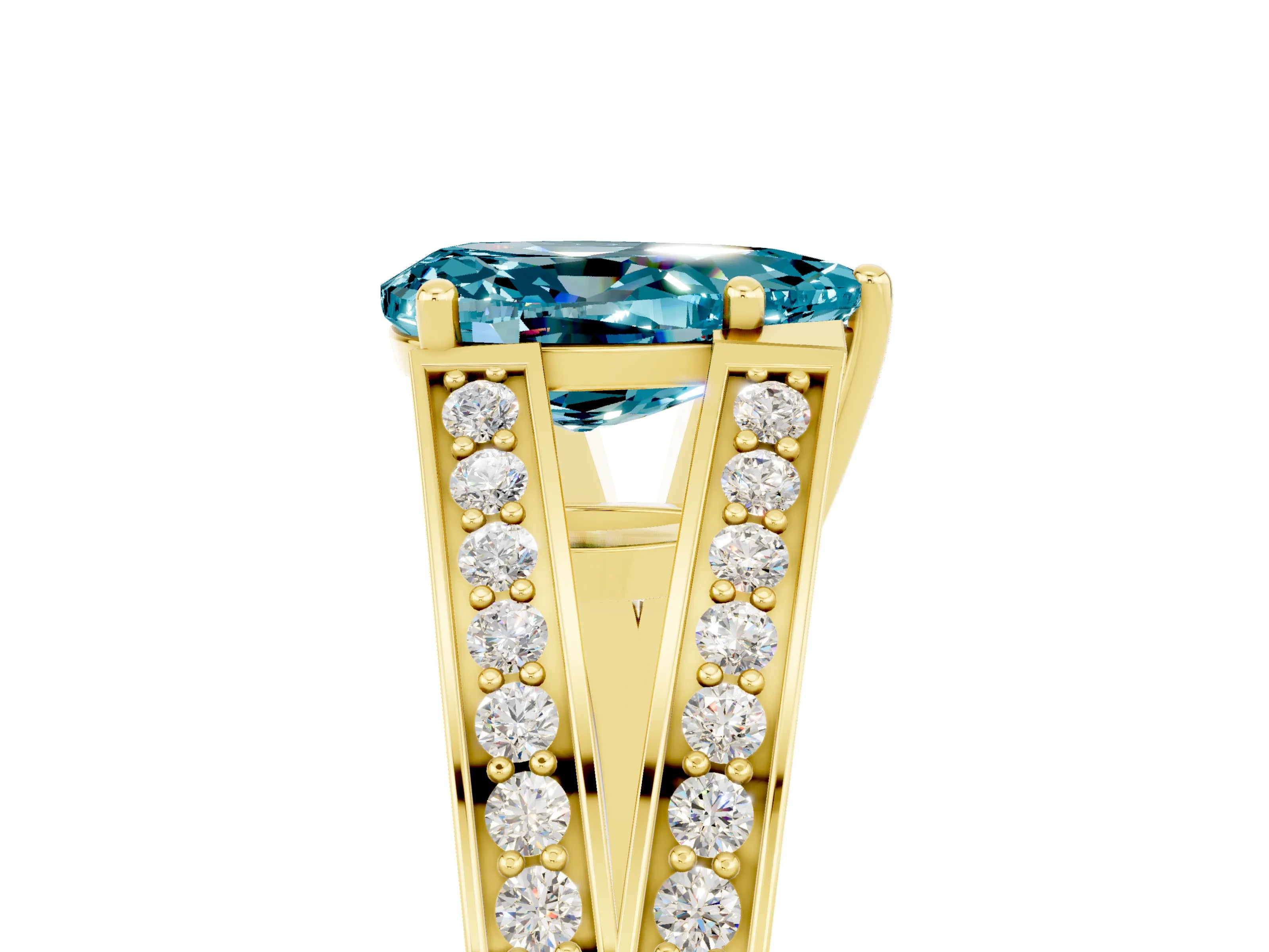 Yellow gold Pear Cut Blue Topaz Split Shank Ring with Pavé Band and Four-Prong Setting_5