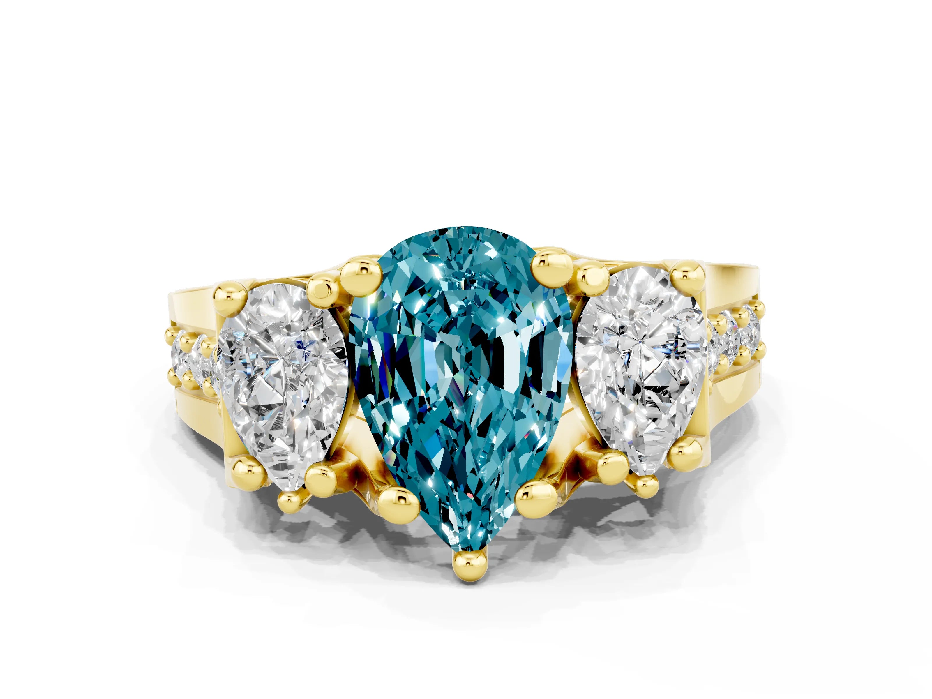 Yellow gold Pear Cut Blue Topaz Three-Stone Ring with Channel Set Band and Four-Prong Setting