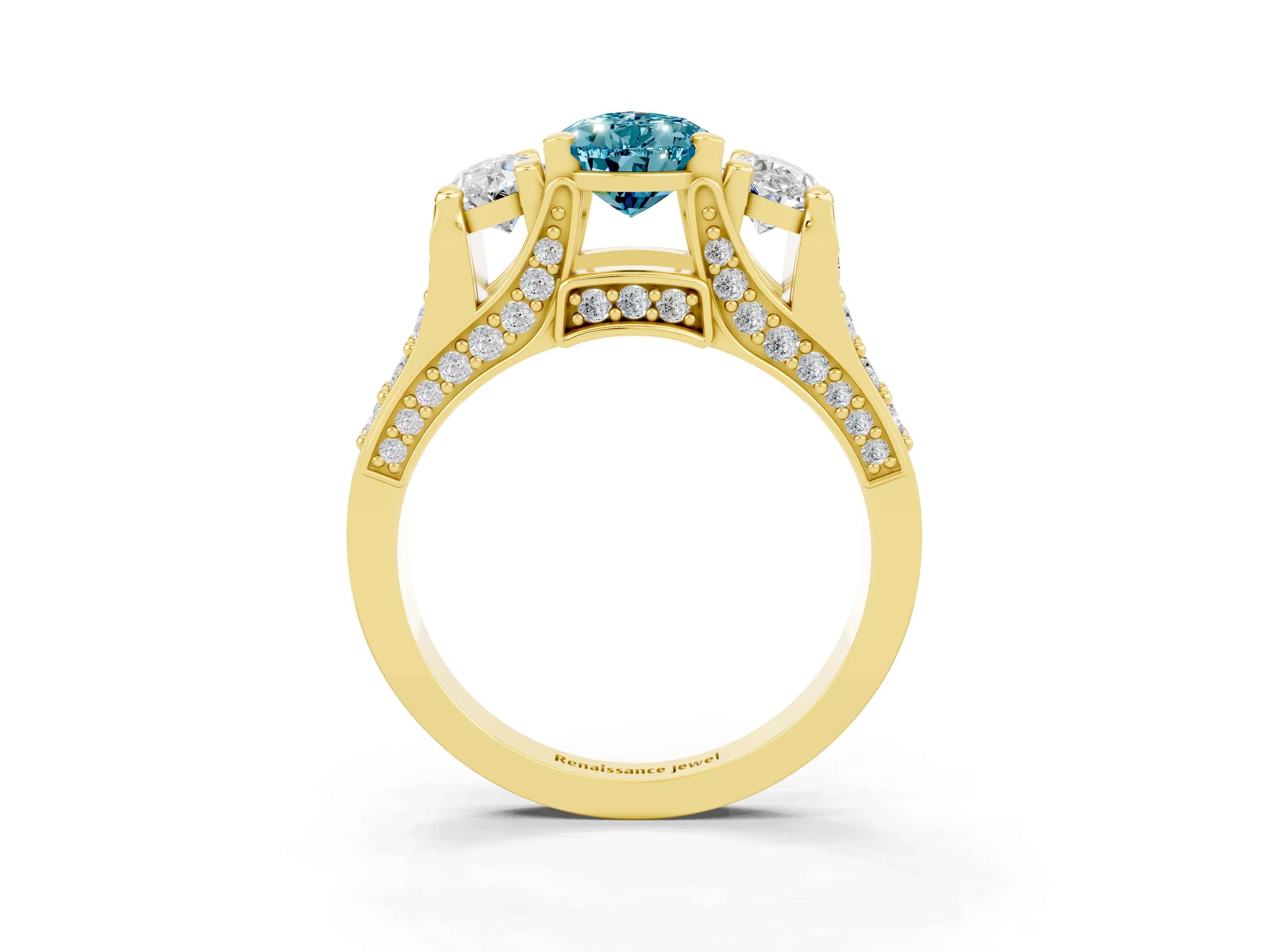 Yellow gold Pear Cut Blue Topaz Three-Stone Ring with Channel Set Band and Four-Prong Setting_3