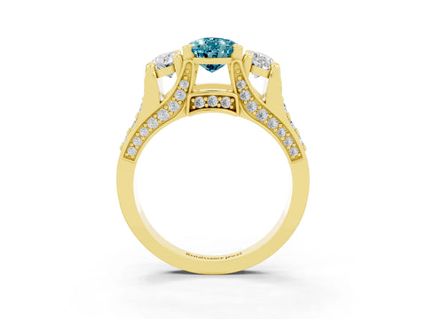 Yellow gold Pear Cut Blue Topaz Three-Stone Ring with Channel Set Band and Four-Prong Setting_3