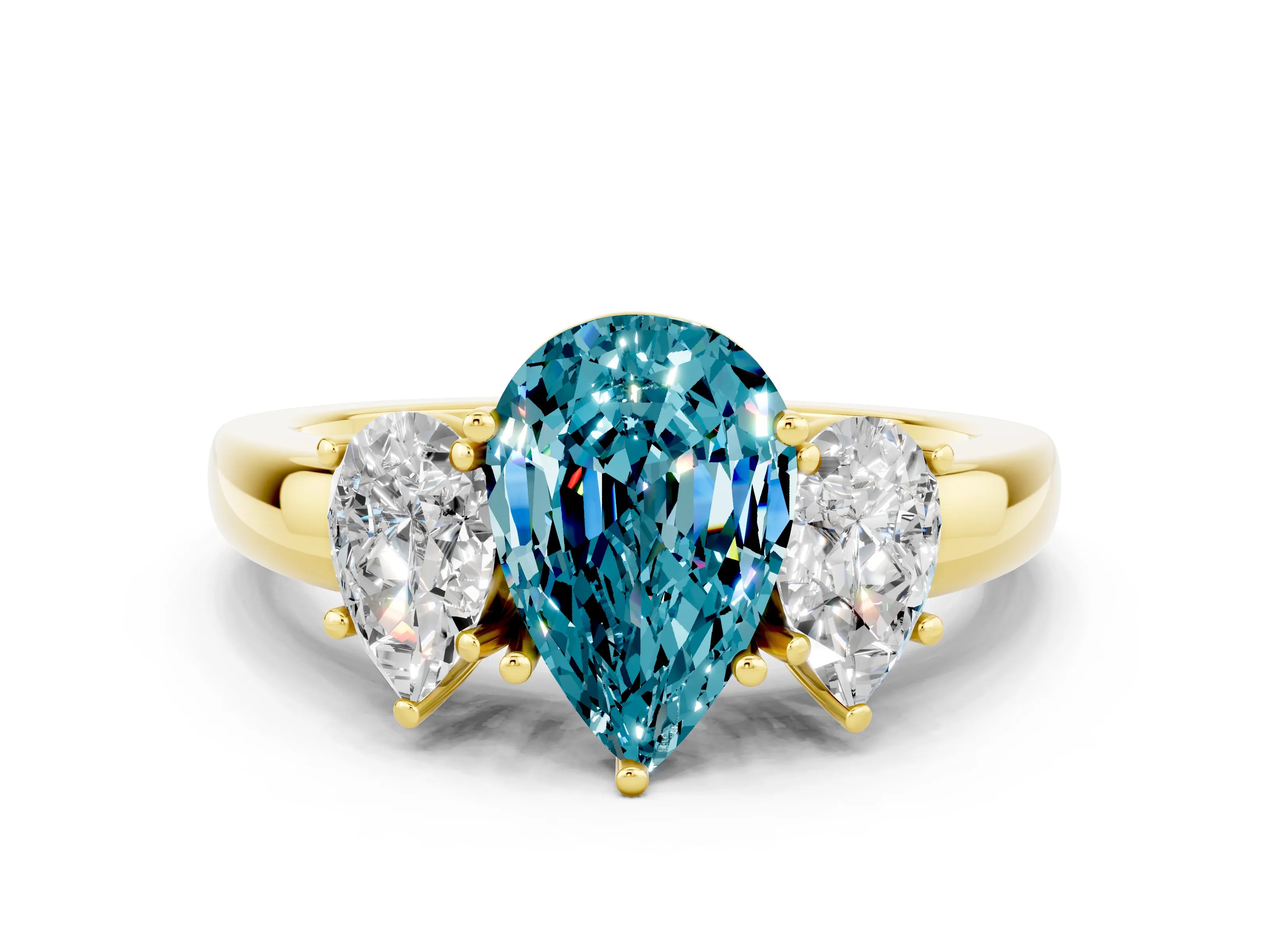 Yellow gold Pear Cut Blue Topaz Three-Stone Ring with Four-Prong Setting and Classic Band