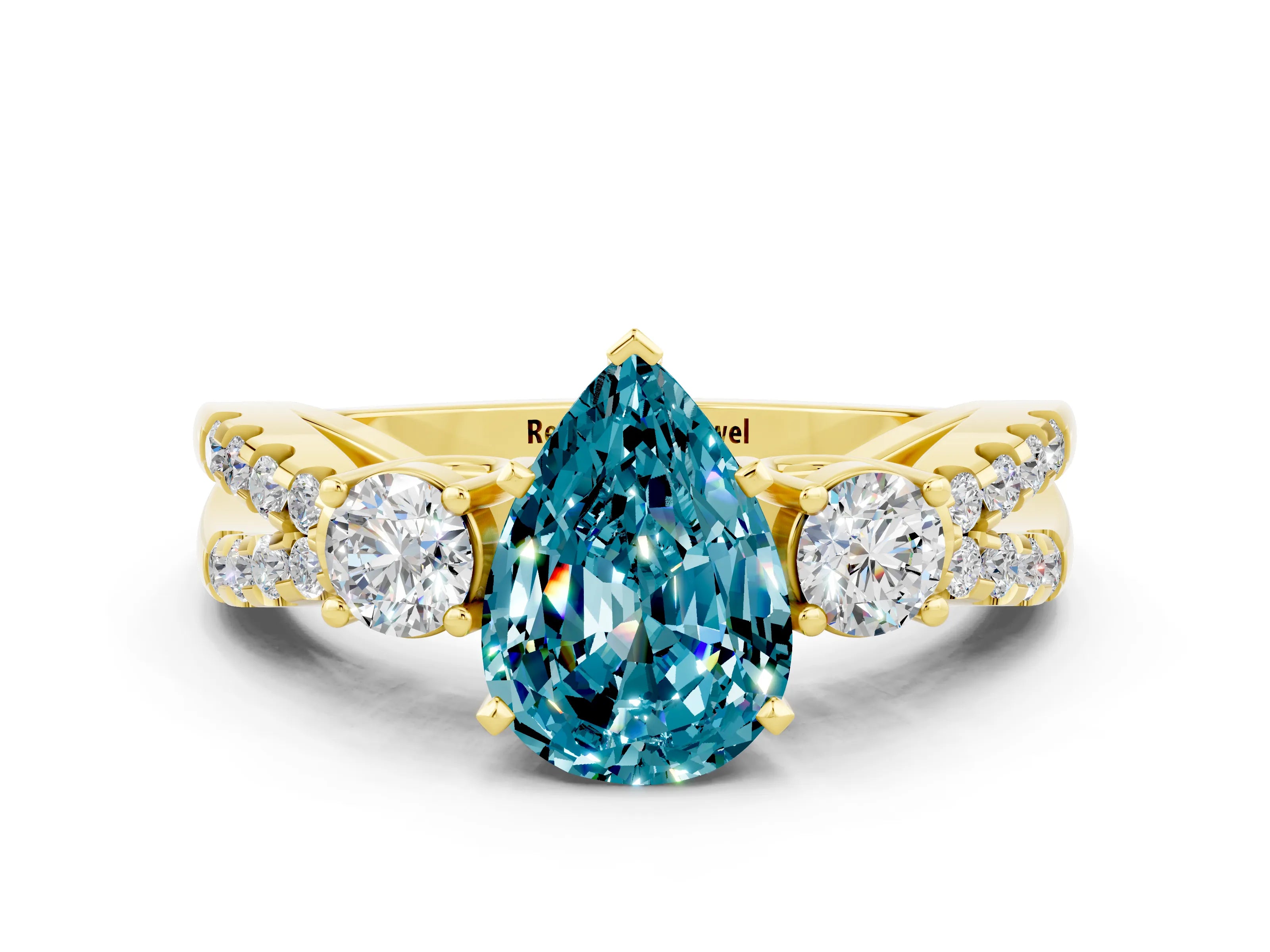 Yellow gold Pear Cut Blue Topaz Three-Stone Ring with Pavé Split Shank and Four-Prong Setting_12