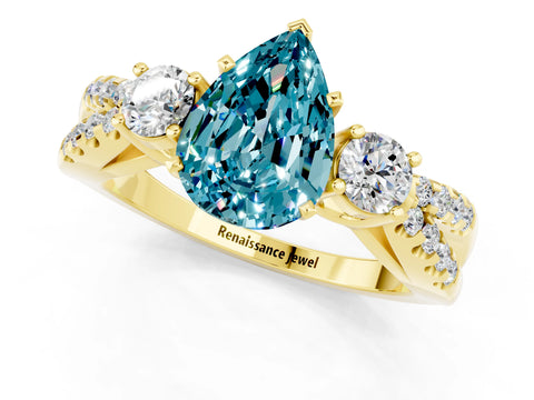 Yellow gold Pear Cut Blue Topaz Three-Stone Ring with Pavé Split Shank and Four-Prong Setting_13