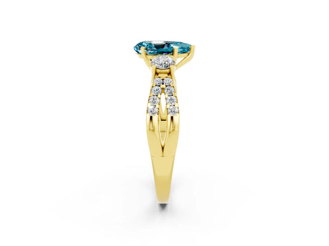 Yellow gold Pear Cut Blue Topaz Three-Stone Ring with Pavé Split Shank and Four-Prong Setting_14