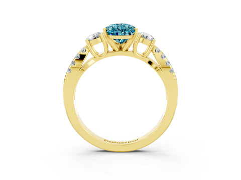 Yellow gold Pear Cut Blue Topaz Three-Stone Ring with Pavé Split Shank and Four-Prong Setting_15