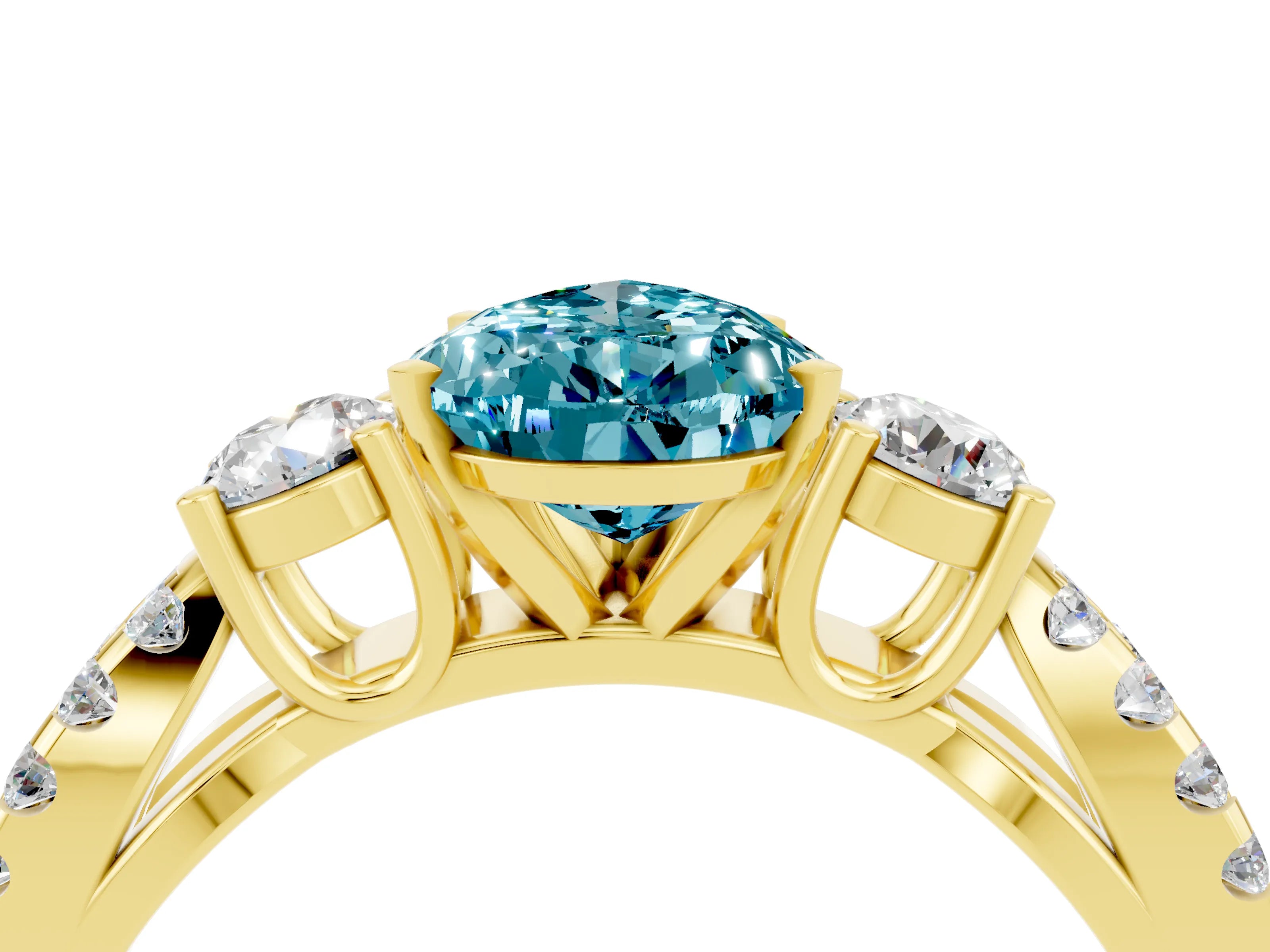 Yellow gold Pear Cut Blue Topaz Three-Stone Ring with Pavé Split Shank and Four-Prong Setting_16