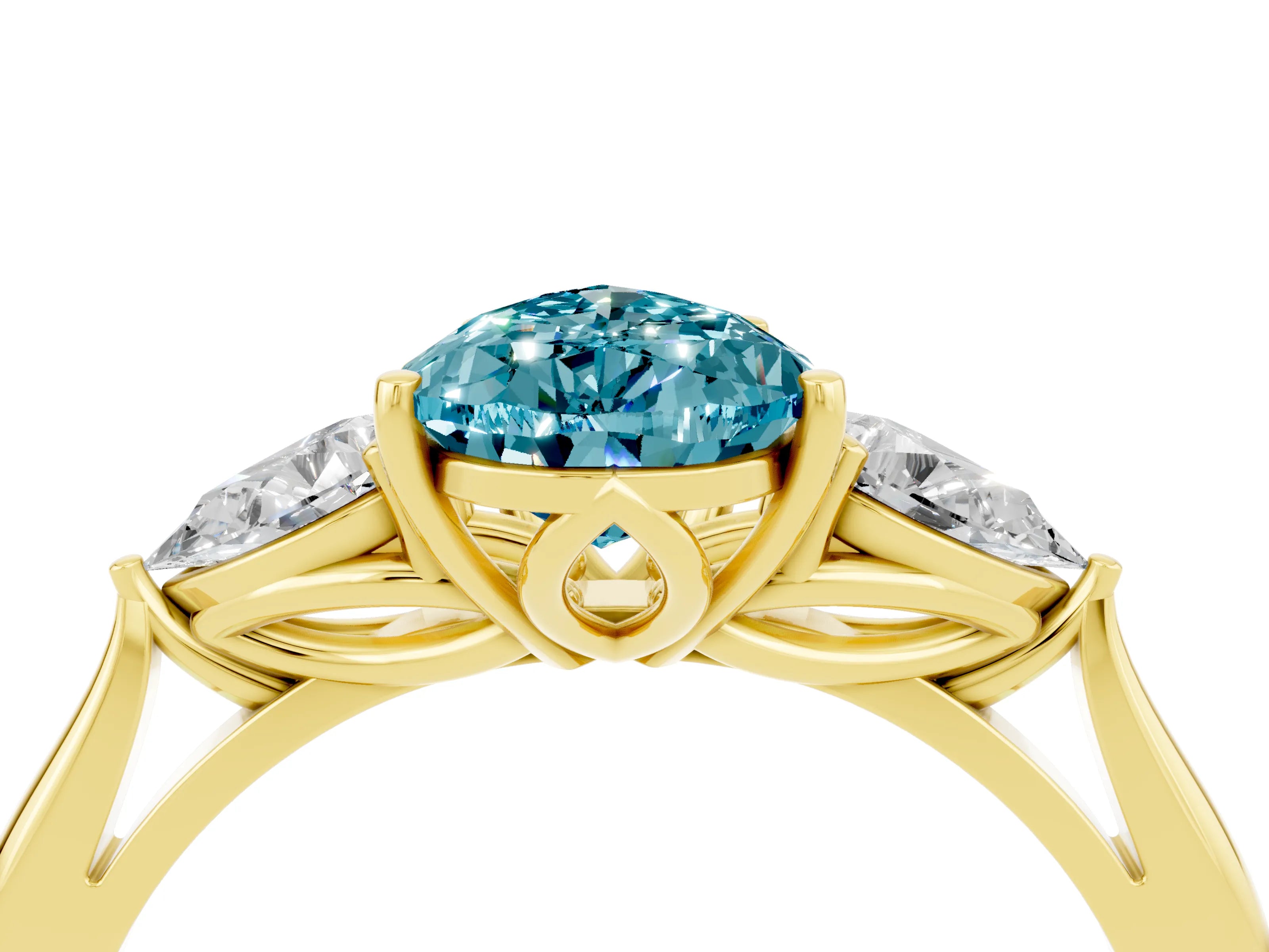 Yellow gold Pear Cut Blue Topaz Three-Stone Ring with Pear Side Stones and Four-Prong Setting_16