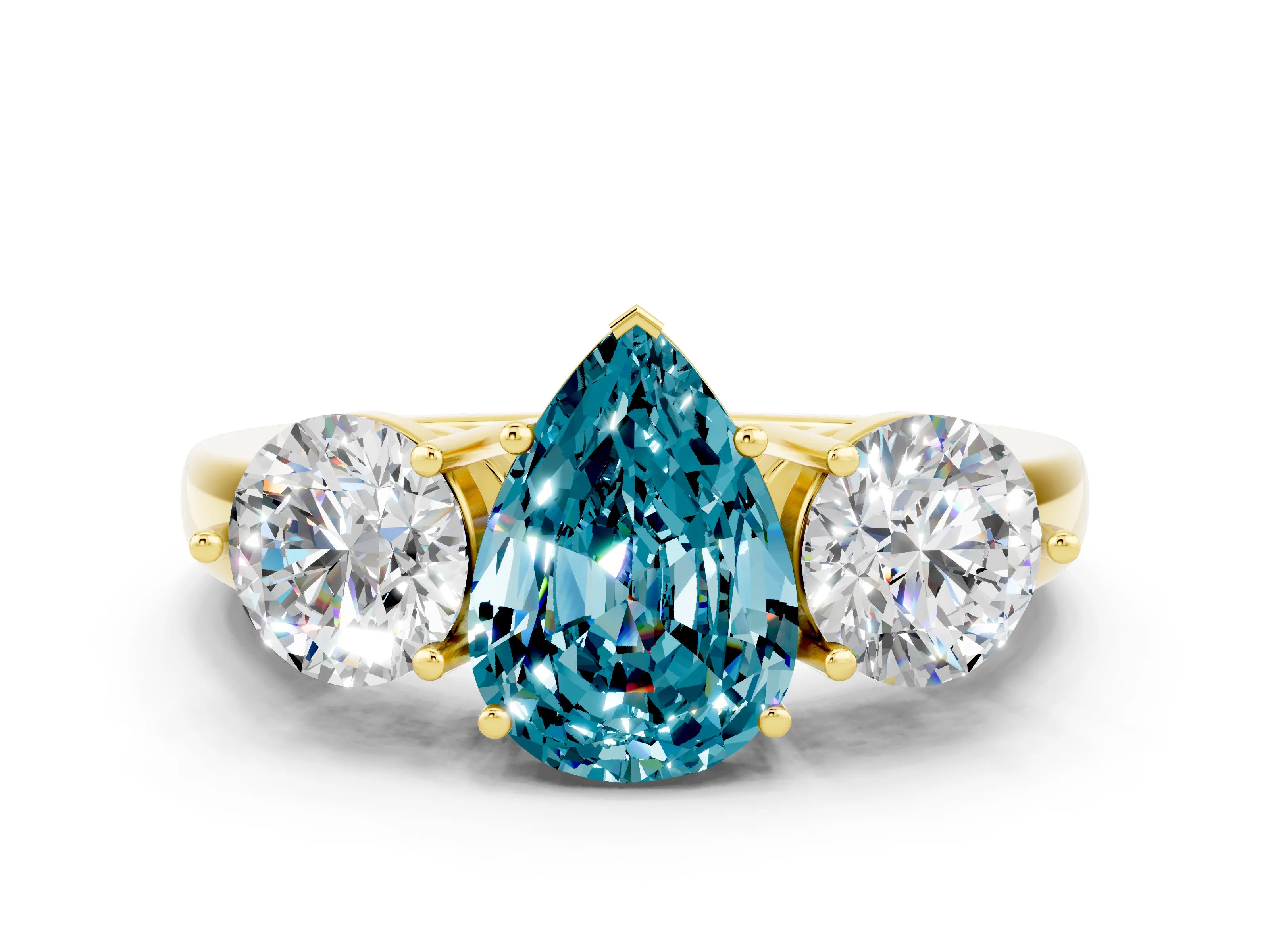 Yellow gold Pear Cut Blue Topaz Three-Stone Ring with Prong Setting and Classic Band