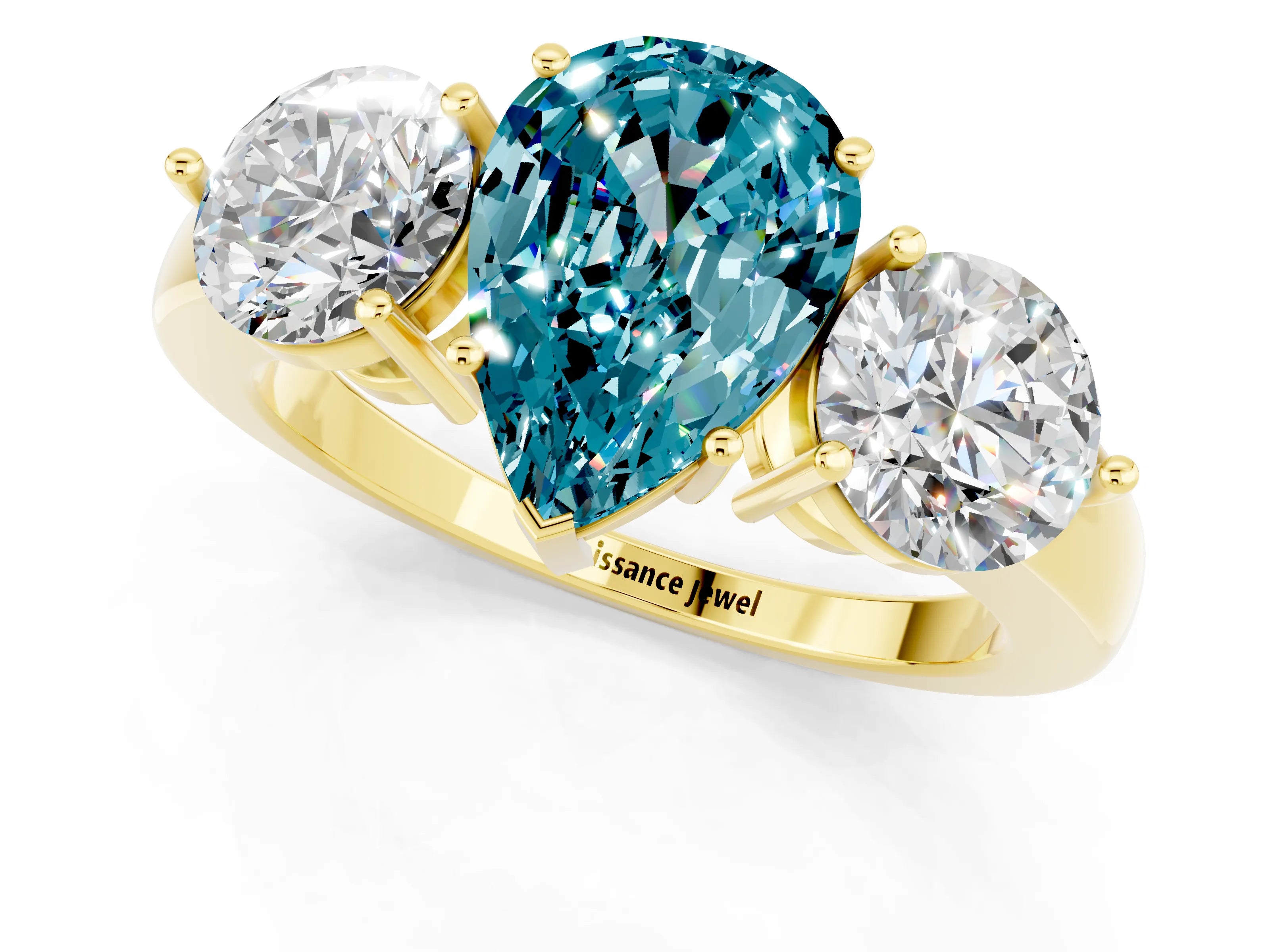 Yellow gold Pear Cut Blue Topaz Three-Stone Ring with Prong Setting and Classic Band_1