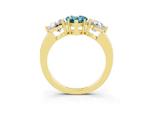 Yellow gold Pear Cut Blue Topaz Three-Stone Ring with Prong Setting and Classic Band