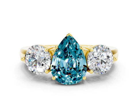 Yellow gold Pear Cut Blue Topaz Three-Stone Ring with Prong Setting and Classic Band