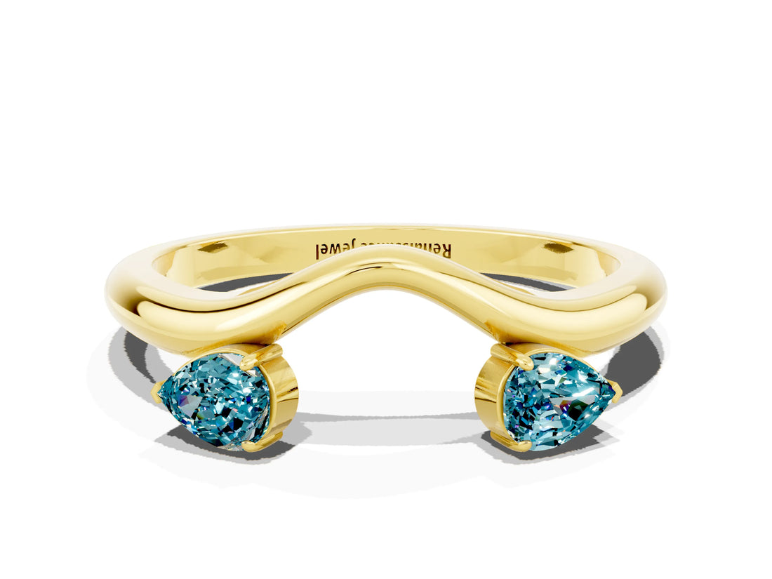 Yellow gold Pear Cut Blue Topaz Two-Stone Open Band Ring with Prong Setting_6