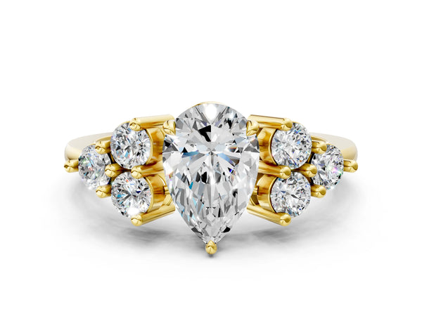 Yellow gold Pear Cut Brilliant Diamond Cluster Accent Solitaire Ring with Prong Setting