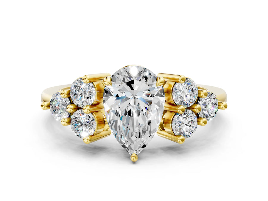 Yellow gold Pear Cut Brilliant Diamond Cluster Accent Solitaire Ring with Prong Setting