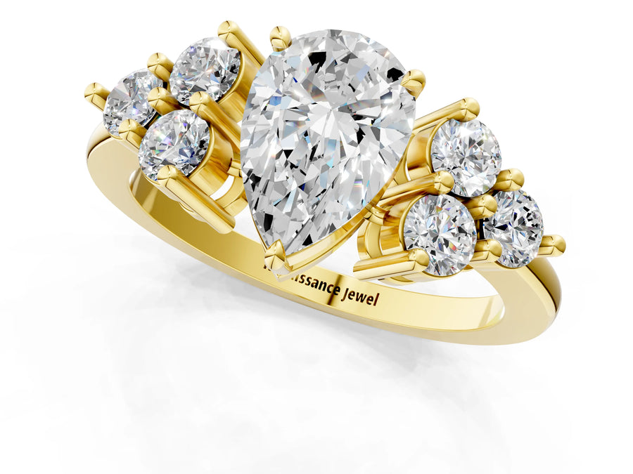 Yellow gold Pear Cut Brilliant Diamond Cluster Accent Solitaire Ring with Prong Setting