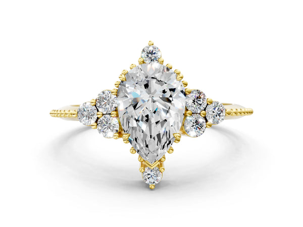Yellow gold Pear Cut Brilliant Diamond with Cluster Setting on a Beaded Band and Four-Prong Setting