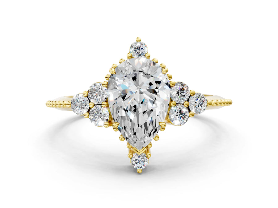 Yellow gold Pear Cut Brilliant Diamond with Cluster Setting on a Beaded Band and Four-Prong Setting